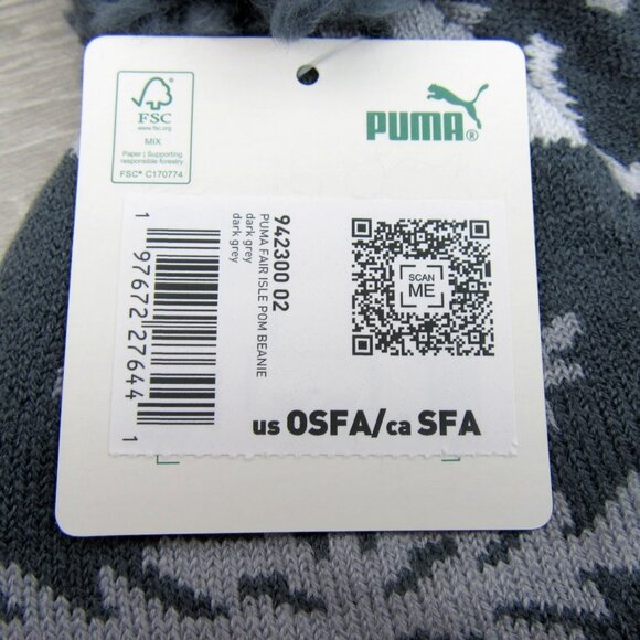 Puma Fair Isle Snowflake Pom Beanie Cap Unisex One Size Fit Grey NEW - Picture 8 of 9